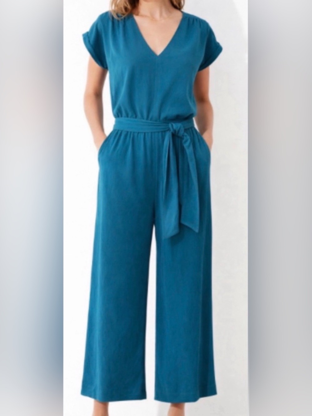 Lou & Grey Teal Tie-Waist Cropped jumpsuit size large petite